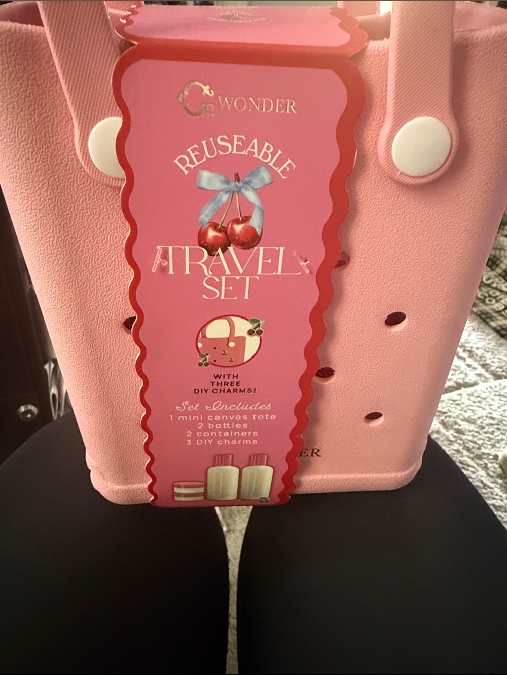 C. Wonder Pink Mini Canvas Tote Travel Set with Cherry Tag